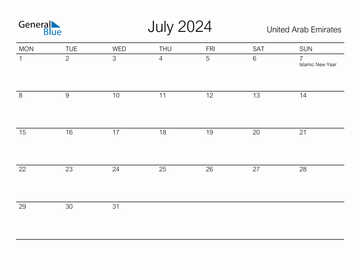 Printable July 2024 Calendar for United Arab Emirates