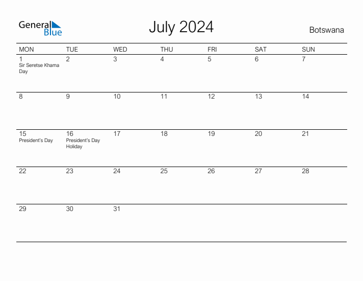 Printable July 2024 Calendar for Botswana