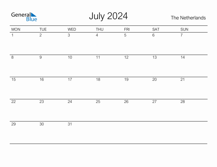 Printable July 2024 Calendar for The Netherlands