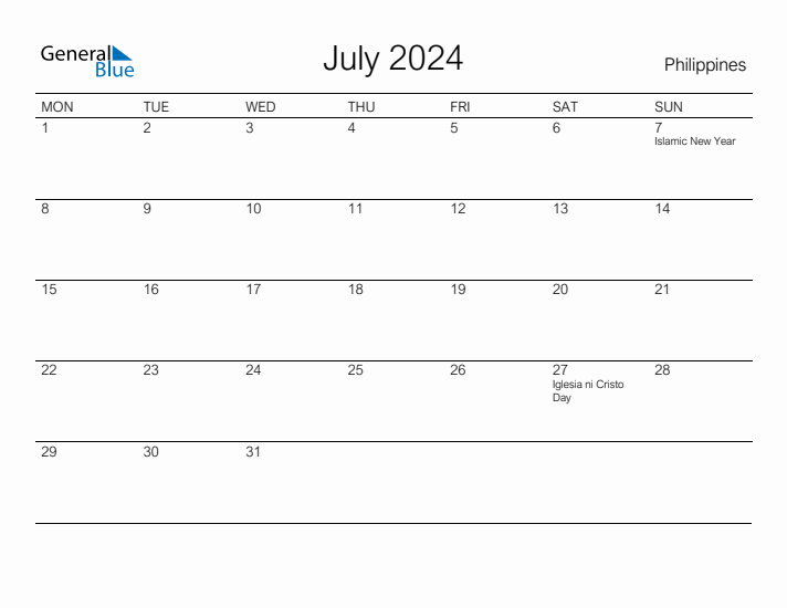 Printable July 2024 Calendar for Philippines