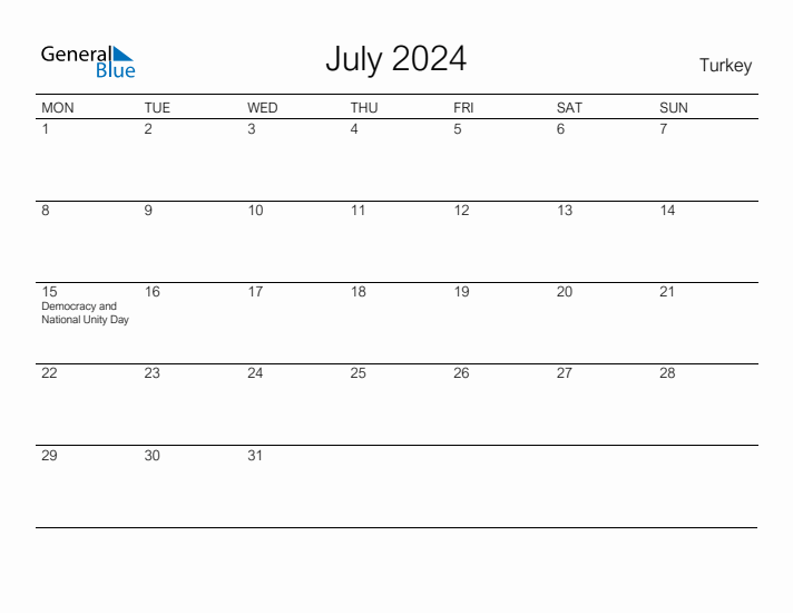 Printable July 2024 Calendar for Turkey