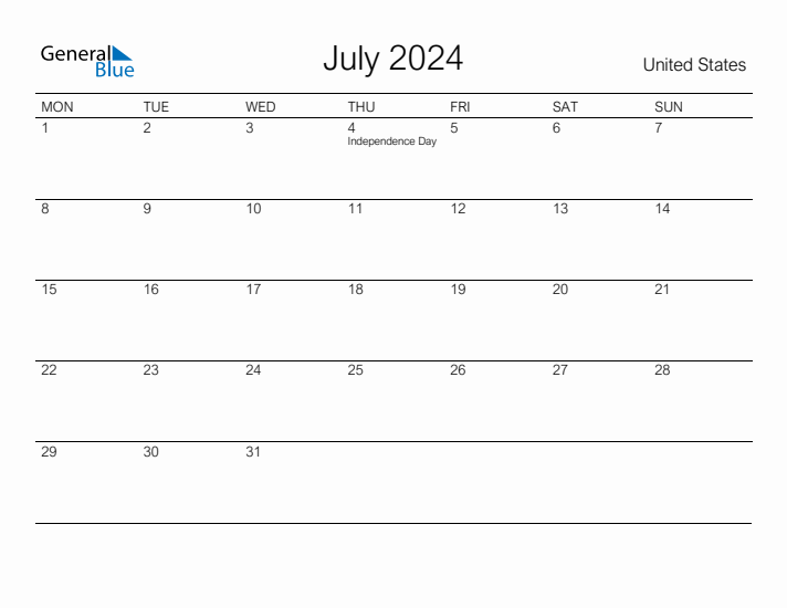 Printable July 2024 Calendar for United States