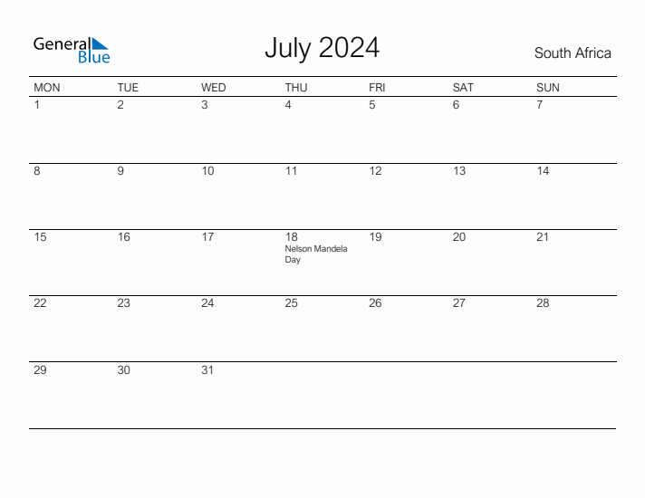 Printable July 2024 Calendar for South Africa