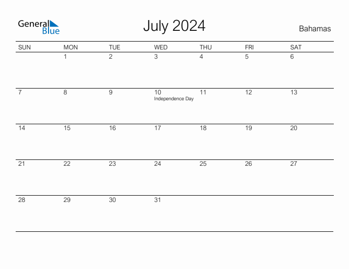 Printable July 2024 Calendar for Bahamas