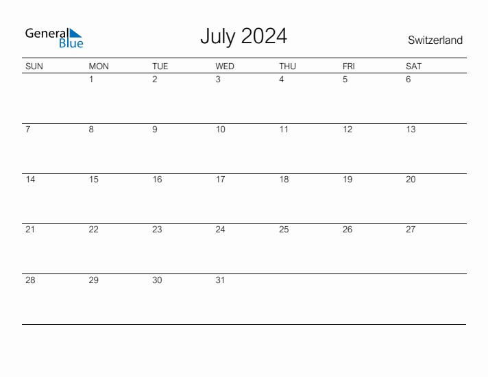 Printable July 2024 Calendar for Switzerland