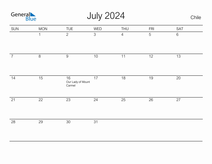 Printable July 2024 Calendar for Chile