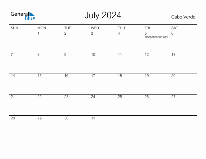 Printable July 2024 Calendar for Cabo Verde