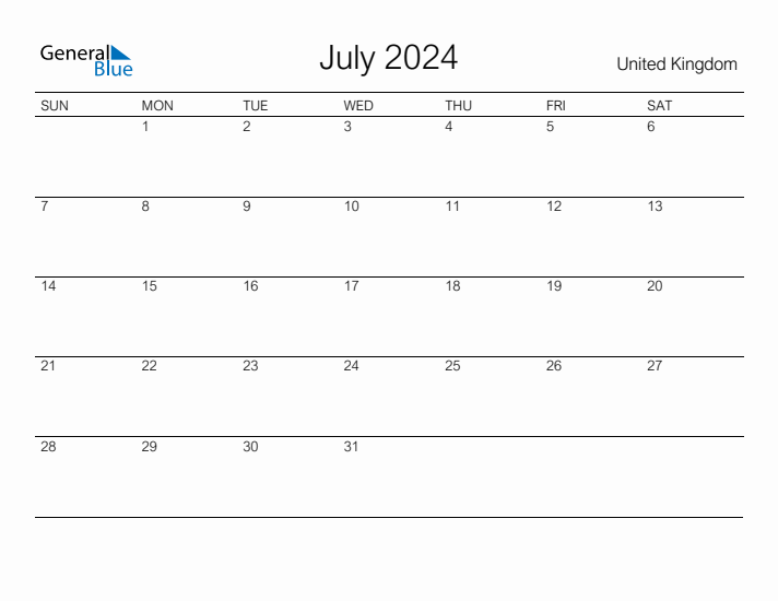 Printable July 2024 Calendar for United Kingdom