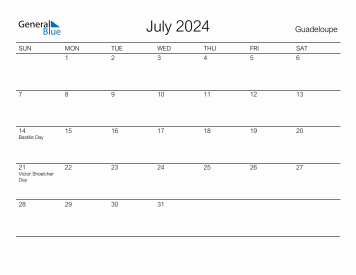 Printable July 2024 Calendar for Guadeloupe