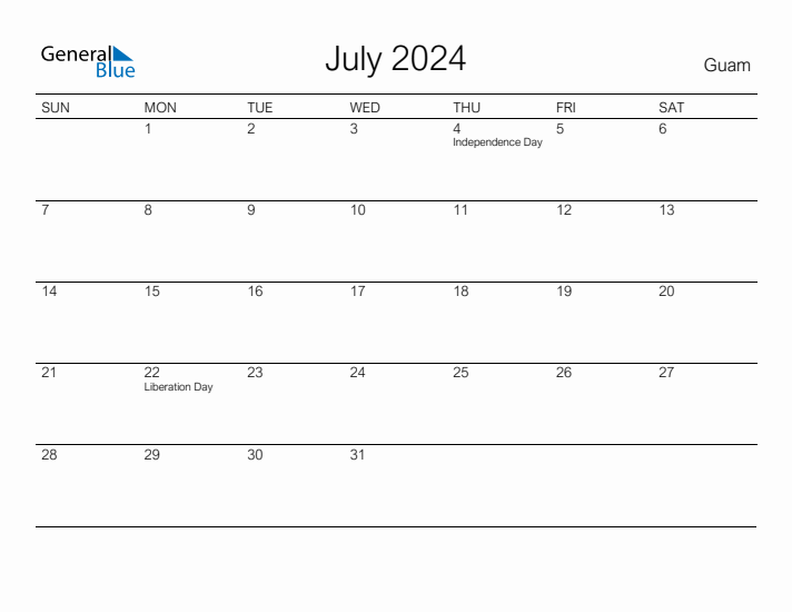 Printable July 2024 Calendar for Guam