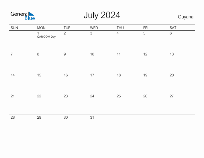 Printable July 2024 Calendar for Guyana