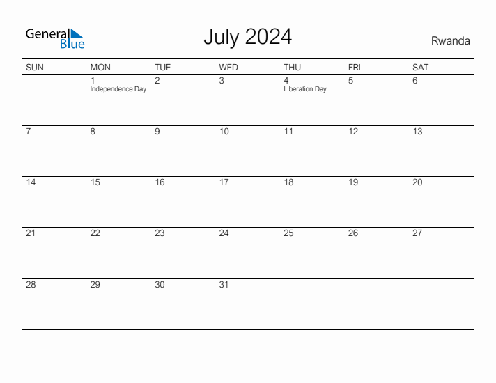 Printable July 2024 Calendar for Rwanda