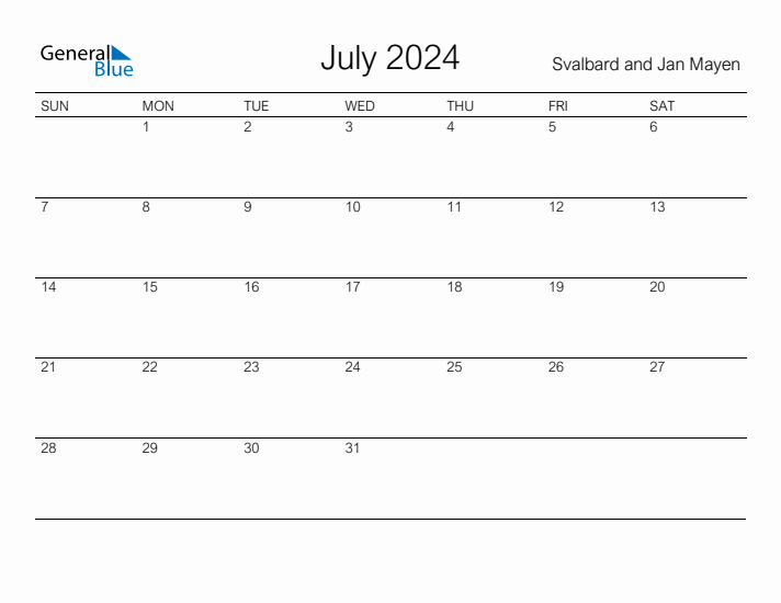 Printable July 2024 Calendar for Svalbard and Jan Mayen