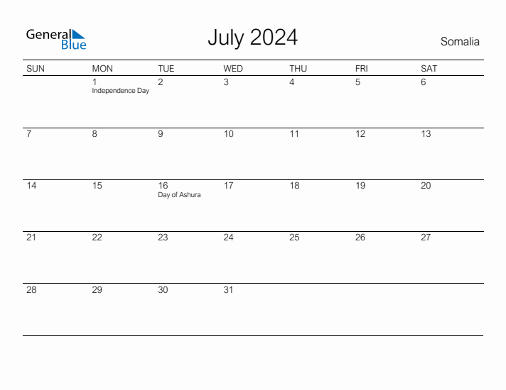 Printable July 2024 Calendar for Somalia