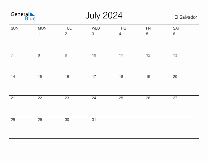 Printable July 2024 Calendar for El Salvador