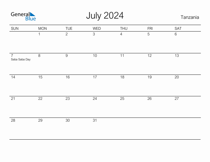 Printable July 2024 Calendar for Tanzania