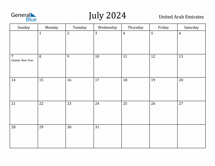 July 2024 Calendar United Arab Emirates