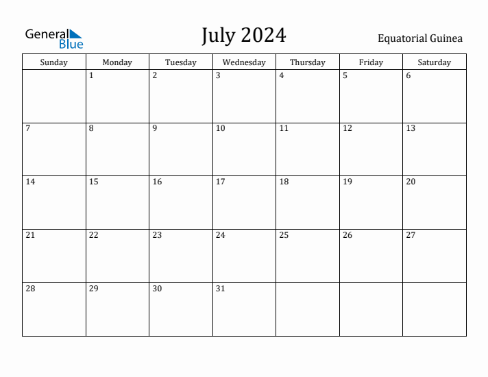 July 2024 Calendar Equatorial Guinea