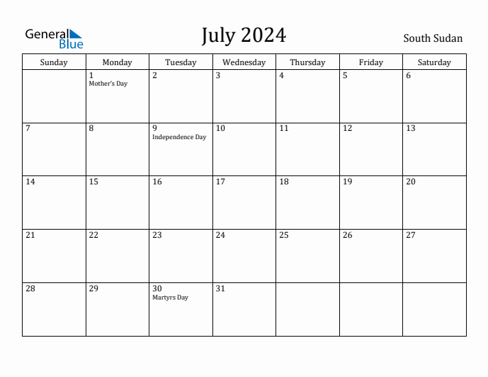 July 2024 Calendar South Sudan