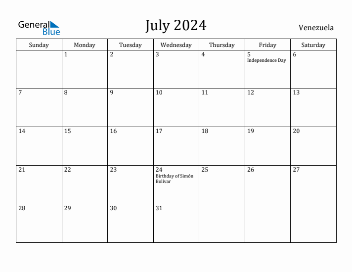 July 2024 Calendar Venezuela