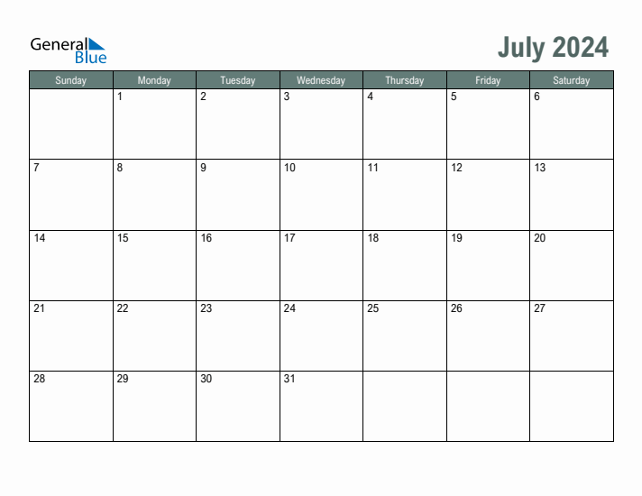 Free Printable July 2024 Calendar