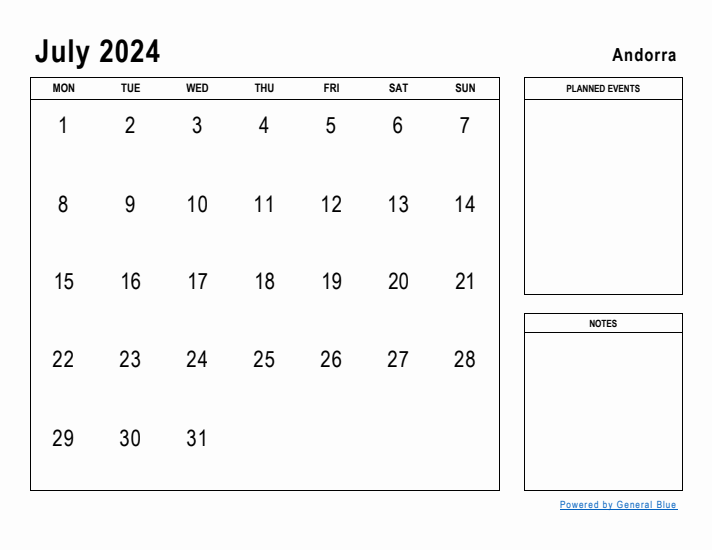 July 2024 Printable Monthly Calendar with Andorra Holidays