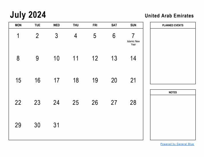 July 2024 Printable Monthly Calendar with United Arab Emirates Holidays