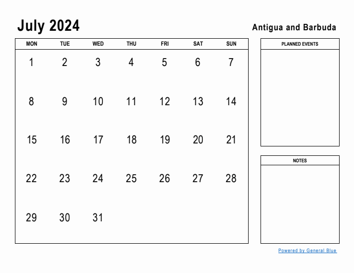 July 2024 Printable Monthly Calendar with Antigua and Barbuda Holidays