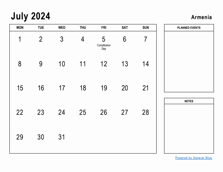 July 2024 Printable Monthly Calendar with Armenia Holidays