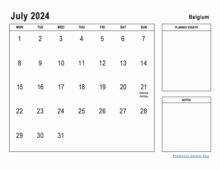 July 2024 Printable Monthly Calendar with Belgium Holidays