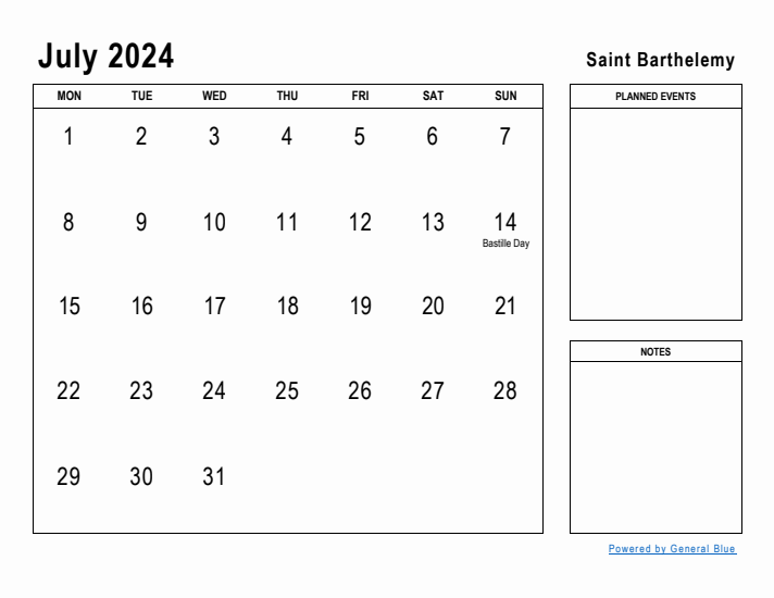 July 2024 Printable Monthly Calendar with Saint Barthelemy Holidays