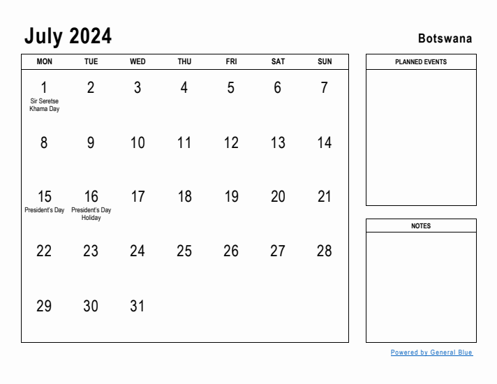 July 2024 Printable Monthly Calendar with Botswana Holidays