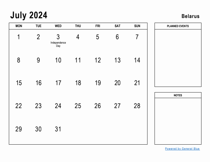 July 2024 Printable Monthly Calendar with Belarus Holidays