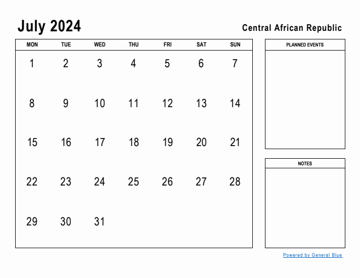 July 2024 Printable Monthly Calendar with Central African Republic Holidays