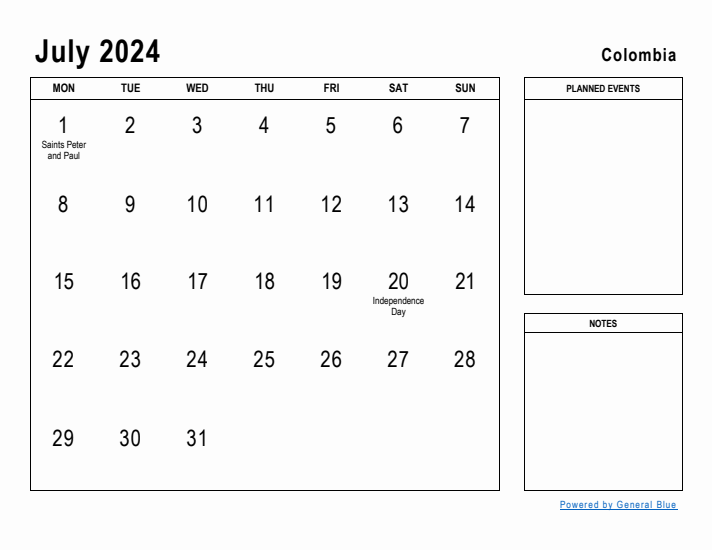 July 2024 Printable Monthly Calendar with Colombia Holidays