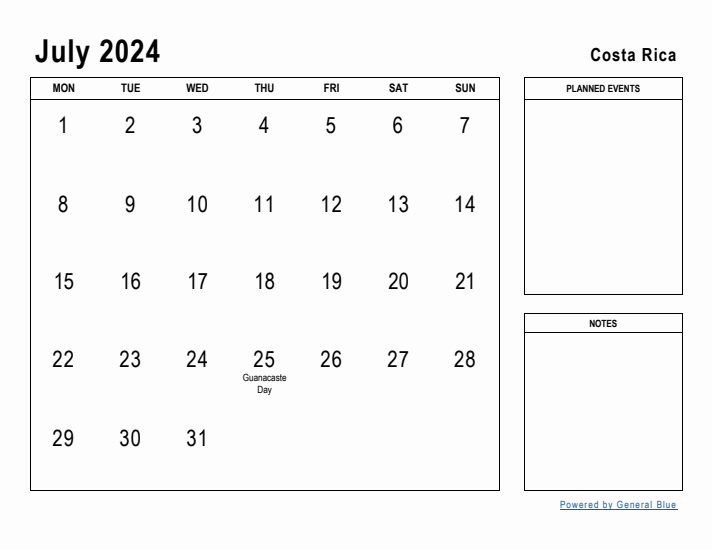 July 2024 Printable Monthly Calendar with Costa Rica Holidays