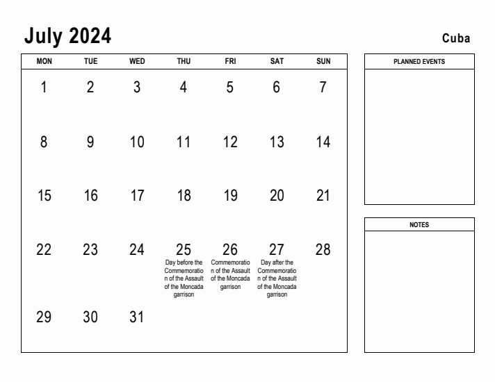 July 2024 Printable Monthly Calendar with Cuba Holidays