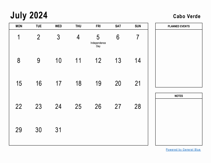 July 2024 Printable Monthly Calendar with Cabo Verde Holidays