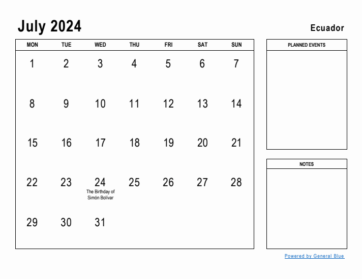 July 2024 Printable Monthly Calendar with Ecuador Holidays