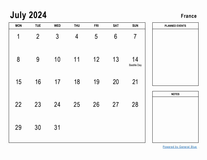 July 2024 Printable Monthly Calendar with France Holidays