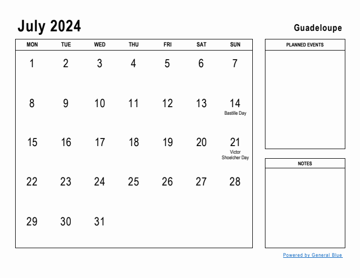 July 2024 Printable Monthly Calendar with Guadeloupe Holidays