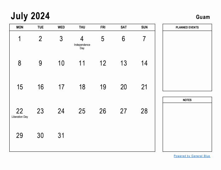 July 2024 Printable Monthly Calendar with Guam Holidays