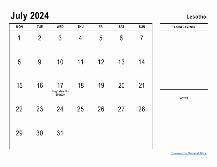 July 2024 Printable Monthly Calendar with Lesotho Holidays