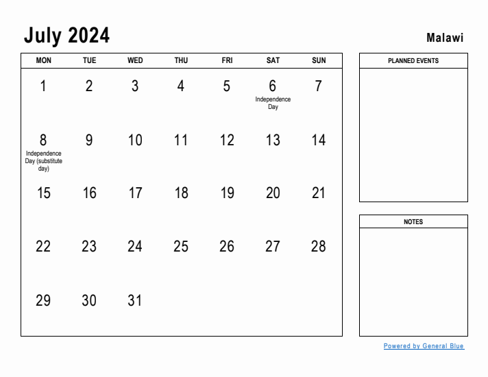 July 2024 Printable Monthly Calendar with Malawi Holidays