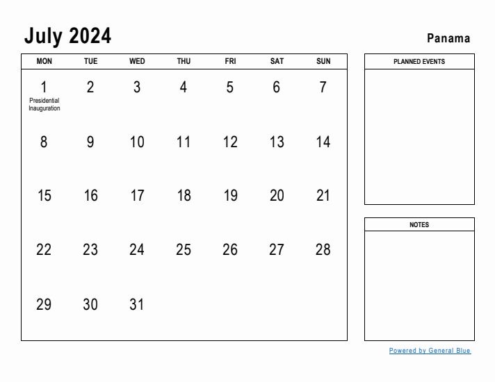 July 2024 Printable Monthly Calendar with Panama Holidays