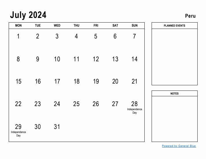 July 2024 Printable Monthly Calendar with Peru Holidays