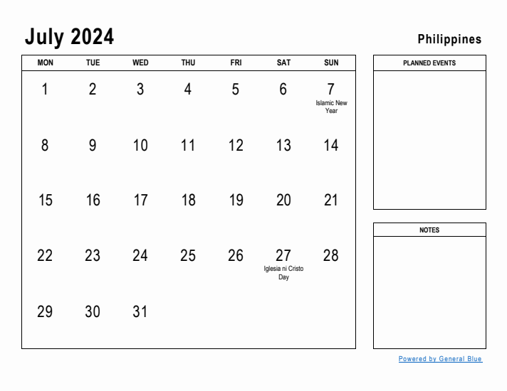 July 2024 Printable Monthly Calendar with Philippines Holidays