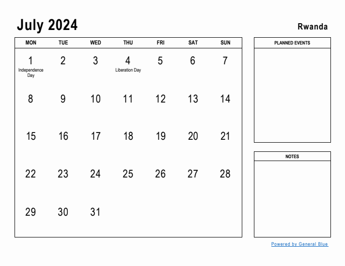 July 2024 Printable Monthly Calendar with Rwanda Holidays