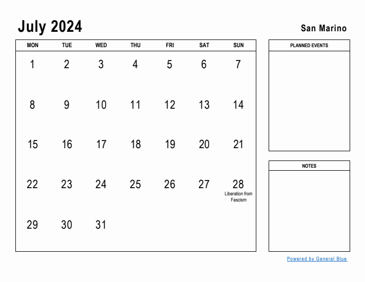 July 2024 Printable Monthly Calendar with San Marino Holidays