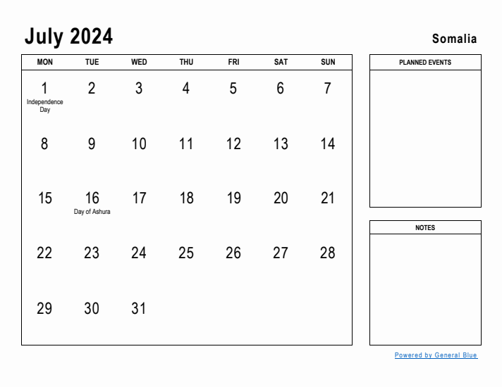 July 2024 Printable Monthly Calendar with Somalia Holidays